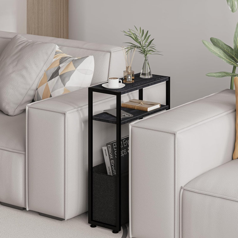 Slim Black Narrow Bedside Table With Magazine Rack 
