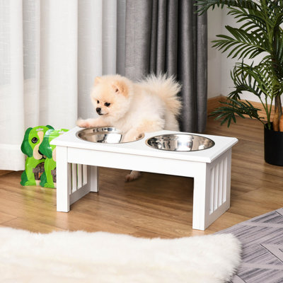 Dog Feeding Station, Stainless Steel Elevated Bowls With Wooden Design, White, And Reduces Mess Small Puppy Food Holder, Frame, Minimizes Spillage