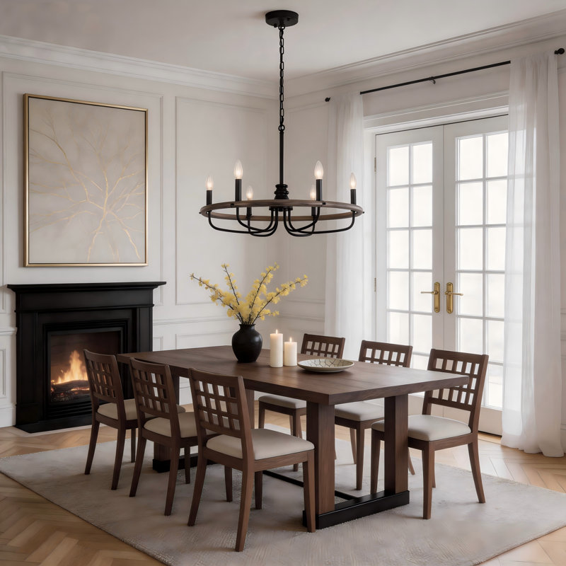 Lustre rond industriel en forme de bougie à 6 lumières, Brun / Noir, H 16,14 po x l 26,77 po x P 26,77 po