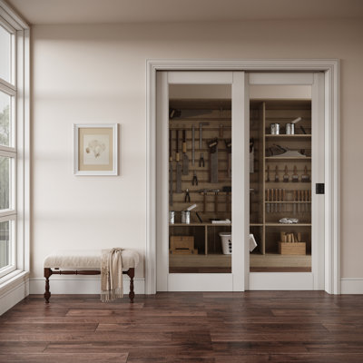 Interior 1‑Lite Clear Glass Door, CARB P2 MDF & SGCC Tempered Glass Bypass Pocket Doors, with Strengthen Solid Frame & Privacy Black Pocket Lock & Hardware Kit, Pre‑Finished & Waterproof, for Pantry, Bedroom & Closet, Easy DIY Stain, 60"x 80"