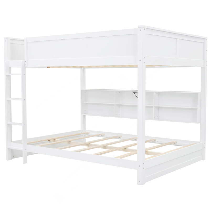 Lit superposé grand sur grand avec armoires de rangement et ports USB, blanc, Blanc