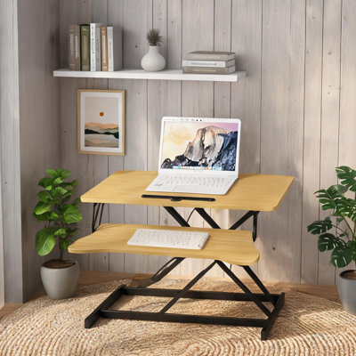 Natural MDF and Steel Standing Desk Converter, Dual Monitor Workstation with Adjustable Height for Home Office