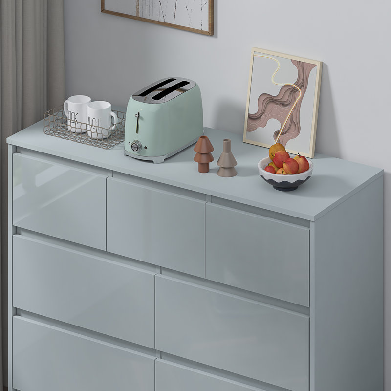 LUXURY Grey High Gloss Chest of Drawers, 7 Drawer Handleless Cabinet