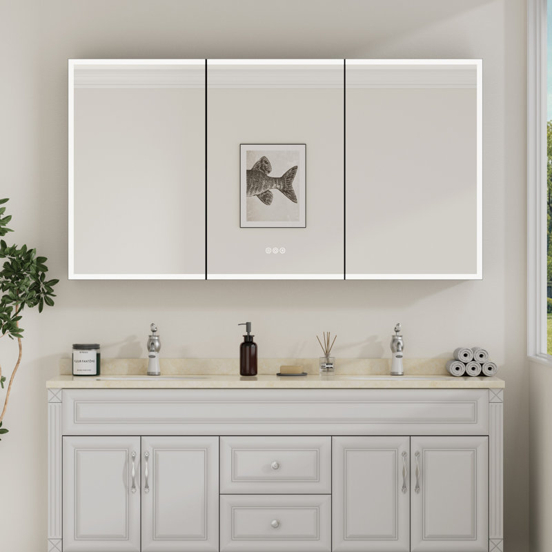 Armoire à pharmacie encastrée en aluminium noir 54 po x H 32 po avec miroirs, antibuée, éclairage à intensité variable 3 couleurs et tablettes réglables en verre pour le rangement de maquillage, de rasage ou de meuble-lavabo