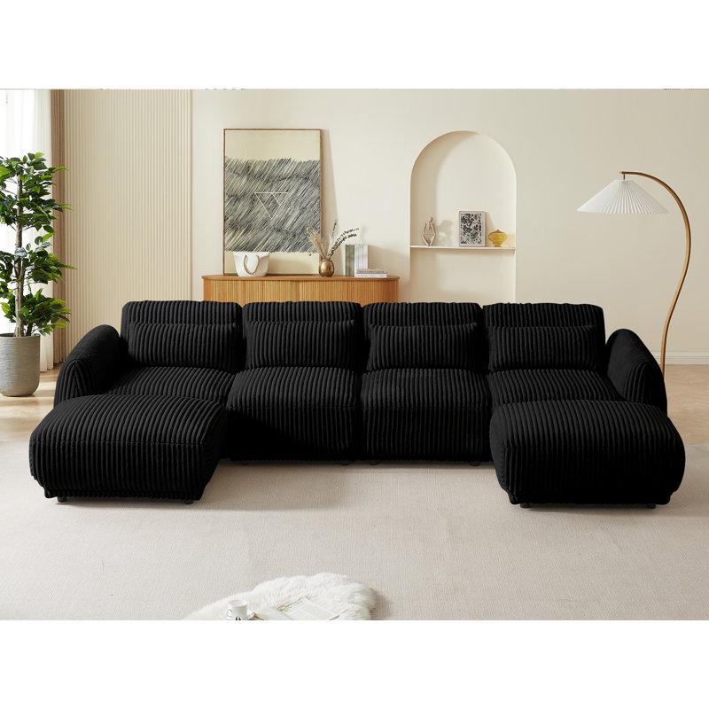 Clermeau Corduroy U-Shaped Sectional Reversible, Black Corduroy