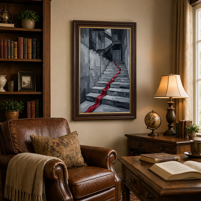 Natural Oak-Look Framed,Canvas Wall Art for Living Room, Bedroom, Office or Entryway – Decorative Wall Decor with Dark Staircase