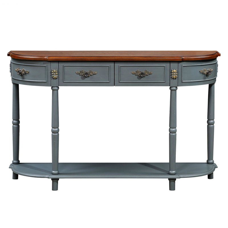 Retro Curved Wood Console Table, Half Moon Table With Open Shelf And 2 Drawers, Antique Gray