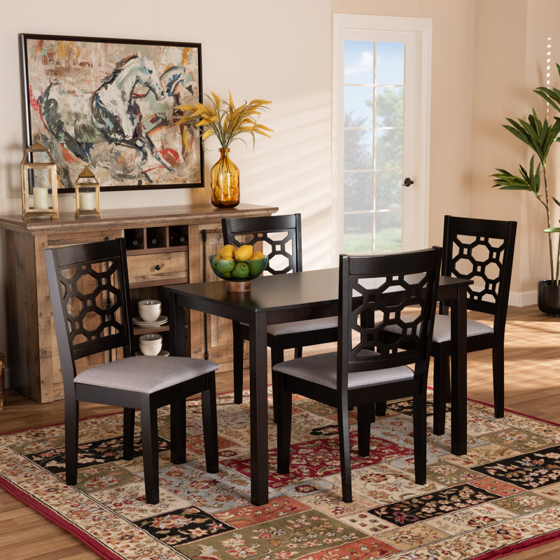 Saltzman 5-Pc Dining Set in Grey Fabric and Dark Brown Finished Wood, 37.4'' H X 18.7'' W X 19.9'' D, Dark Brown