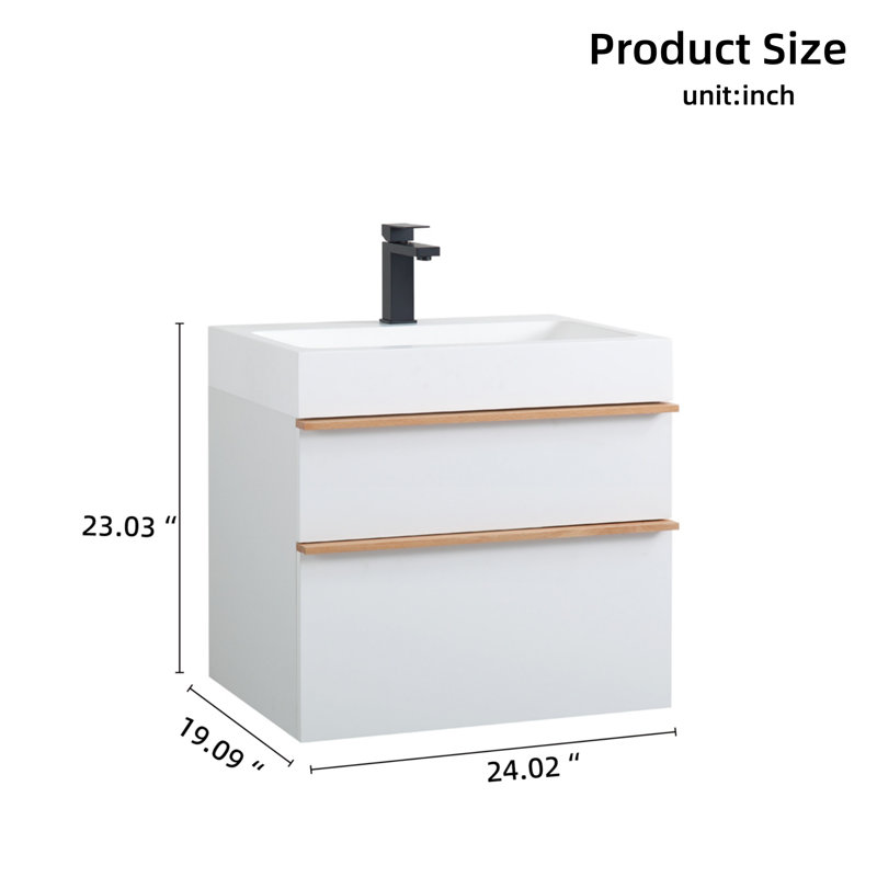 Meuble-lavabo mural moderne de 24 po avec lavabo en acrylique intégré pré-assemblé, armoire flottante moderne, Blanc, 24"