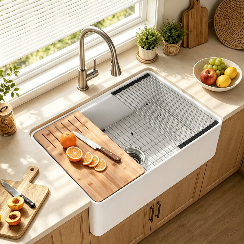 Évier de cuisine 30 po à tablier simple en argile réfractaire simple avec accessoires