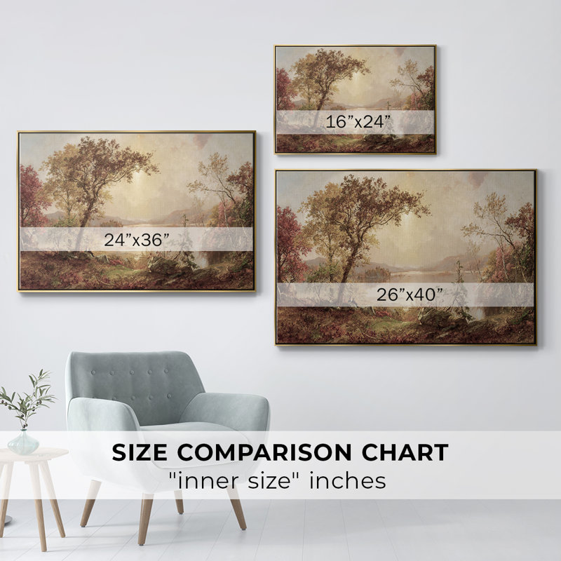 Paysage rétro -ccccxxix, Toile avec cadre flottant or, H 27 po x l 41 po x P 2 po