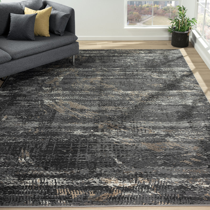 Tapis gris / noir à motif abstrait Cansel, Rectangle 7 pi 6 po x 9 pi 6 po