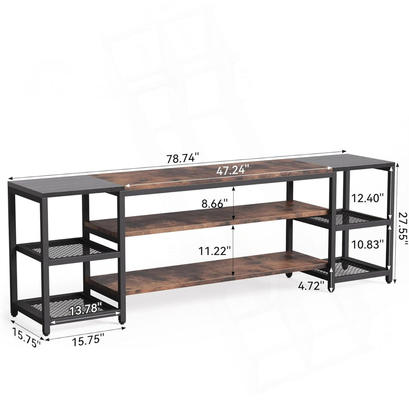 Meuble télé 78,7 po pour les téléviseurs de 85 pouces et plus, centre de divertissement de style campagne moderne avec tablettes de rangement ventilées à 3 niveaux et dossier en filet d'acier