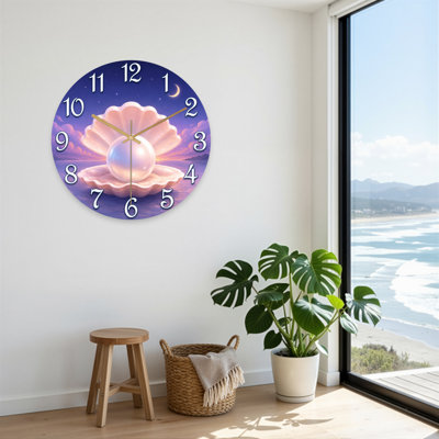 Landscape & Nature Pearl In Shell With Sunset Sky And Moon Ultra Clear Glass Wall Clock