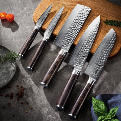 Senken Knives 'ronin' Collection - Japanese Damascus Knife Set With Hammered Damascus Blade - Japanese Vg10 Steel Core With Dark Wood Handle
