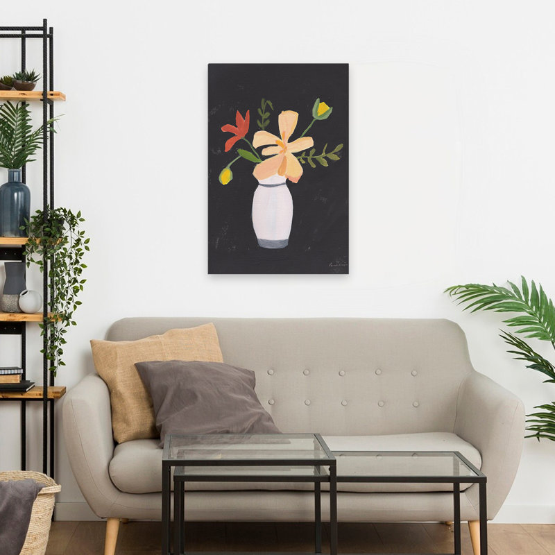 Floral sur fond noir II - beige bouquet noir brun, H 24 po x l 16 po