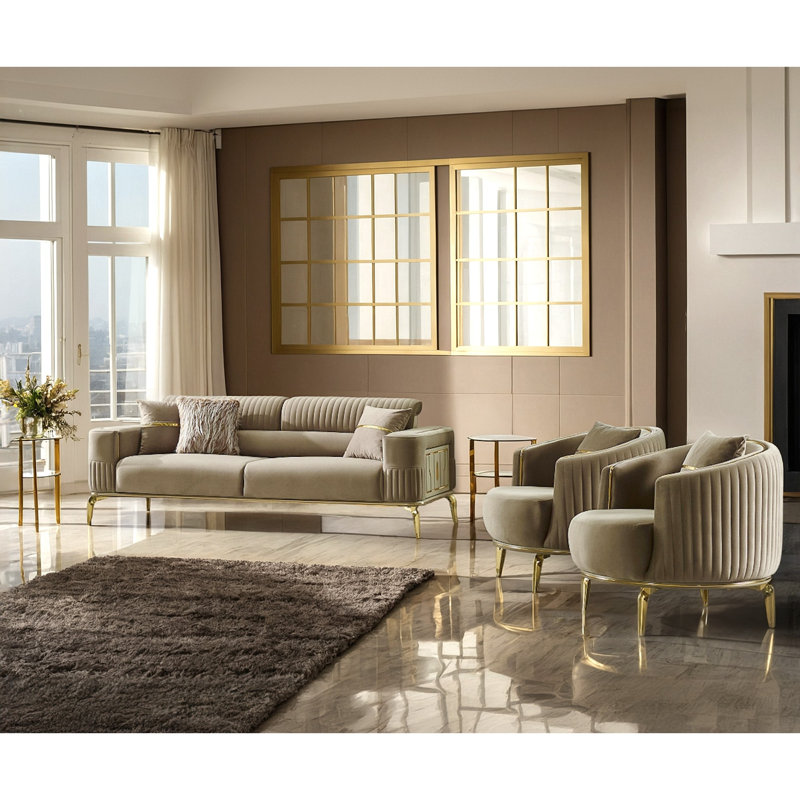Ensemble de salon en velours 3 pièces Quntee, Velours beige