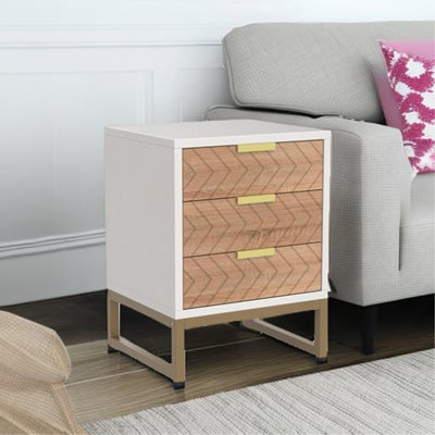 Ensemble de 2 tables de chevet modernes avec 3 tiroirs, tables de chevet blanches et noyer de 17,7 pouces avec accents dorés, design élégant en zigzag, petites tables de bout pour la chambre à coucher, le salon ou le bureau