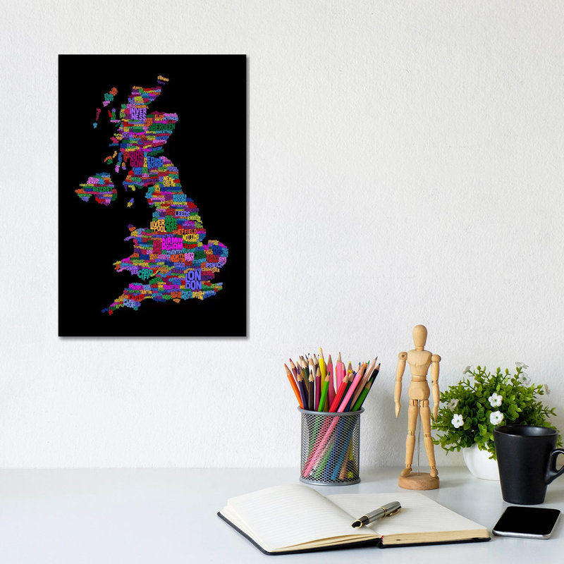 Great Britain UK City Text Map (Black), 20.32 cm H x 30.48 cm W