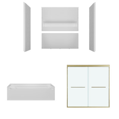 Baignoire de trempage en alcôve 60 po x 32 po WOODBRIDGE et 4 pièces de contour direct avec drain à droite, y compris porte de baignoire double coulissante de 56 à 60 po, verre trempé transparent au fini or brossé