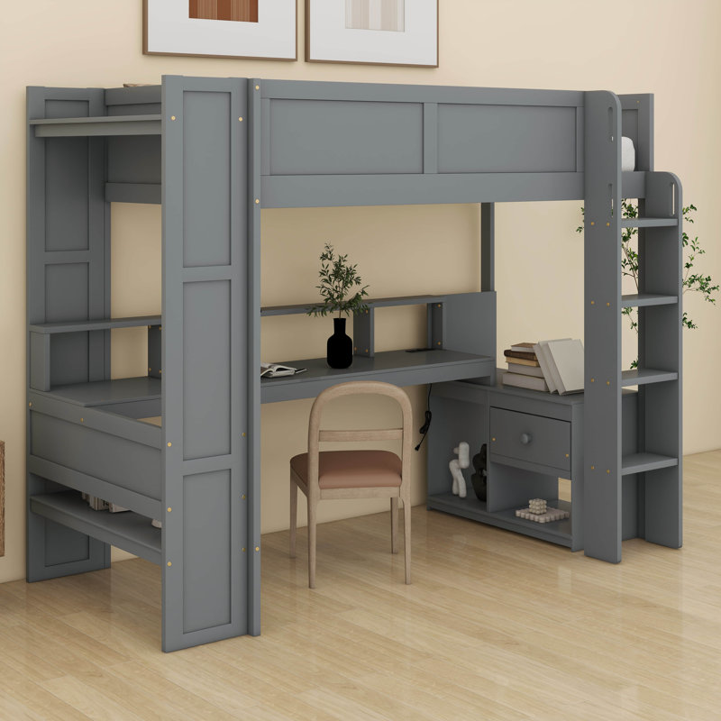 Lit mezzanine avec bureau et station de charge Lit mezzanine en bois massif avec tablettes de rangement et DEL, Lit simple