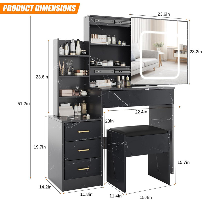 Vanity Desk with Mirror and LED Lights, Black