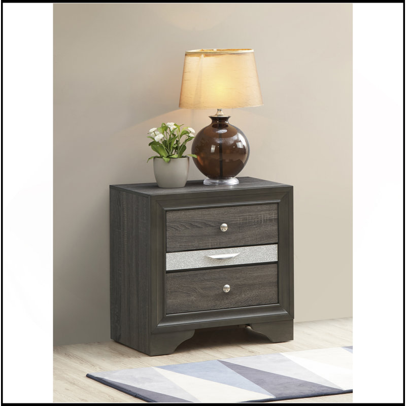 Table de chevet 2 tiroirs en bois, Gris