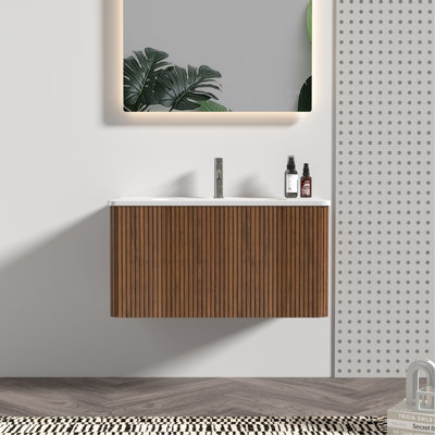 Meuble-lavabo 30 po en noyer rayé avec lavabo en céramique blanc, meuble-lavabo mural flottant pour salle de bain moderne, KD