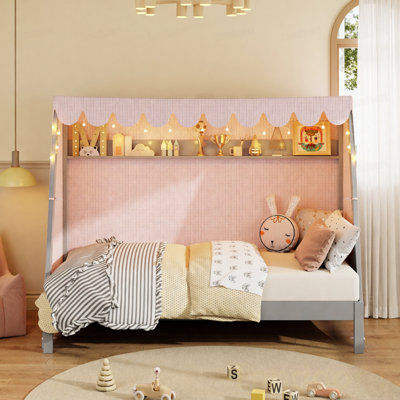 Twin XL House Bed with Twin XL Trundle, Shelf, Tent and Light