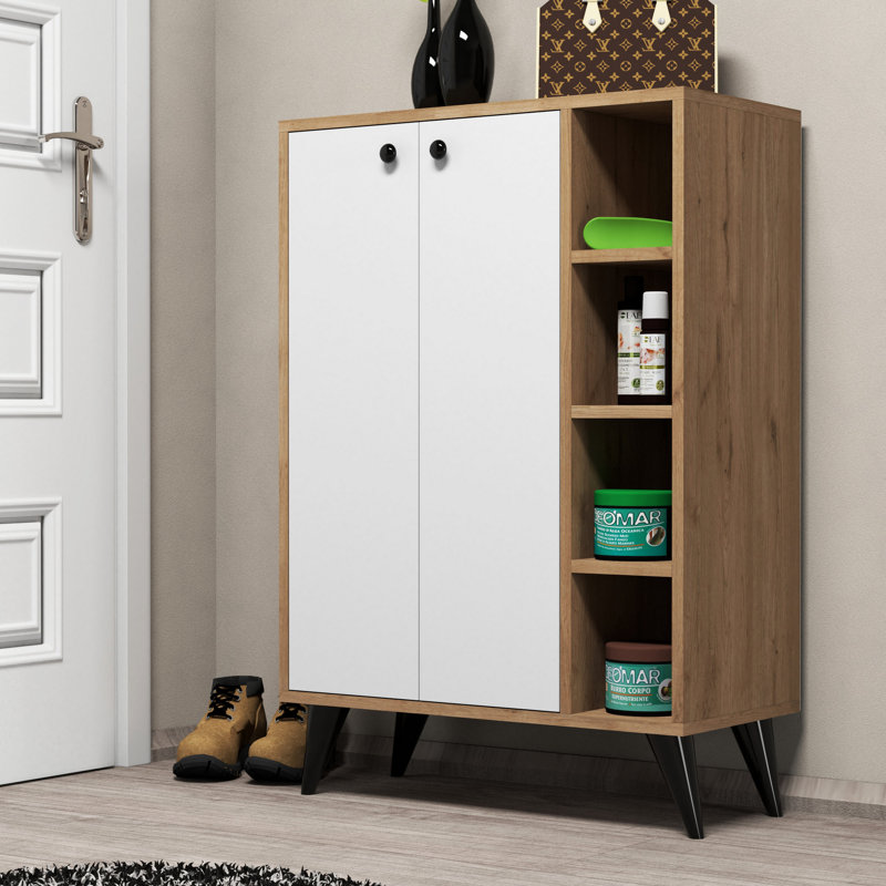 Armoire de rangement pour chaussures 6 paires, Blanc / noyer