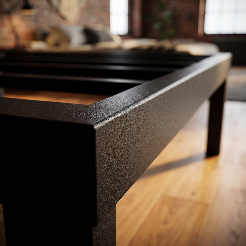 Grand lit plateforme en acier noir avec rangement sous le lit, sans sommier tapissier, Queen