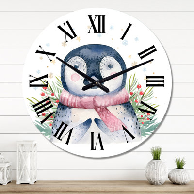 Portrait d'un bébé pingouin avec une écharpe rose - Horloge murale pour enfants