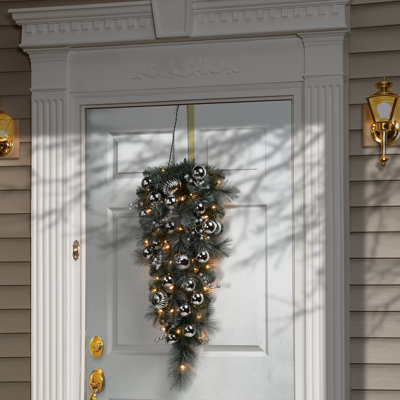 36" Frosted Silver Pine Teardrop with Battery Operated LED Lights