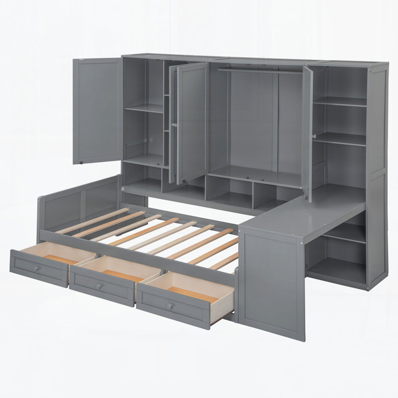 Lit de jour en bois avec trois tiroirs, armoire tout-en-un, bureau et tablettes, Simple, Gris