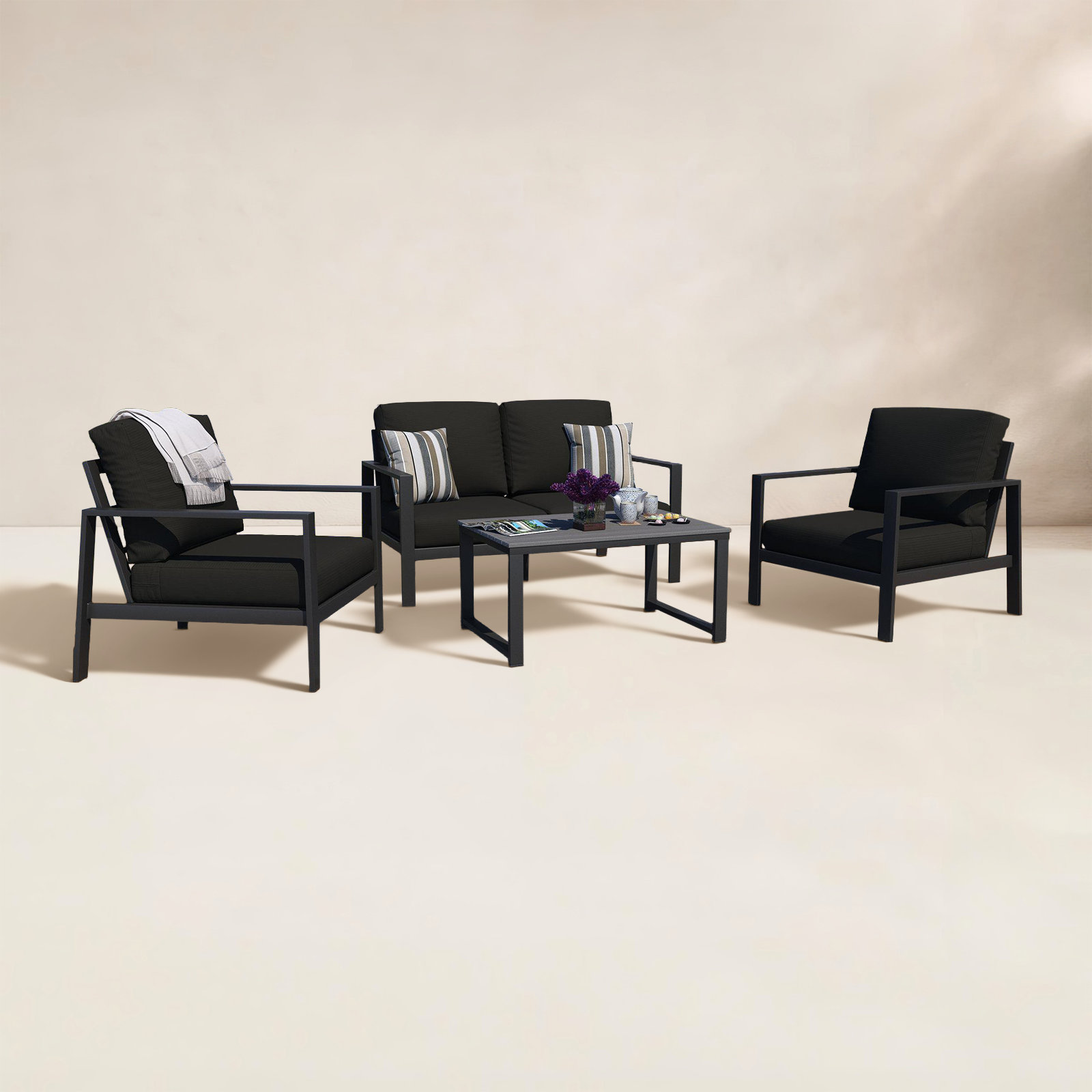 Townsend 4-Person Sunbrella® Patio Seating Group, Canvas Black Sunbrella® Canvas, Gray