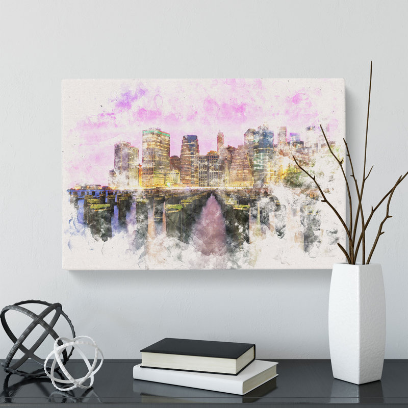 Manhattan From Brooklyn Bridge Watercolour - Wrapped Canvas Print, 35cm H x 50cm W x 3cm D