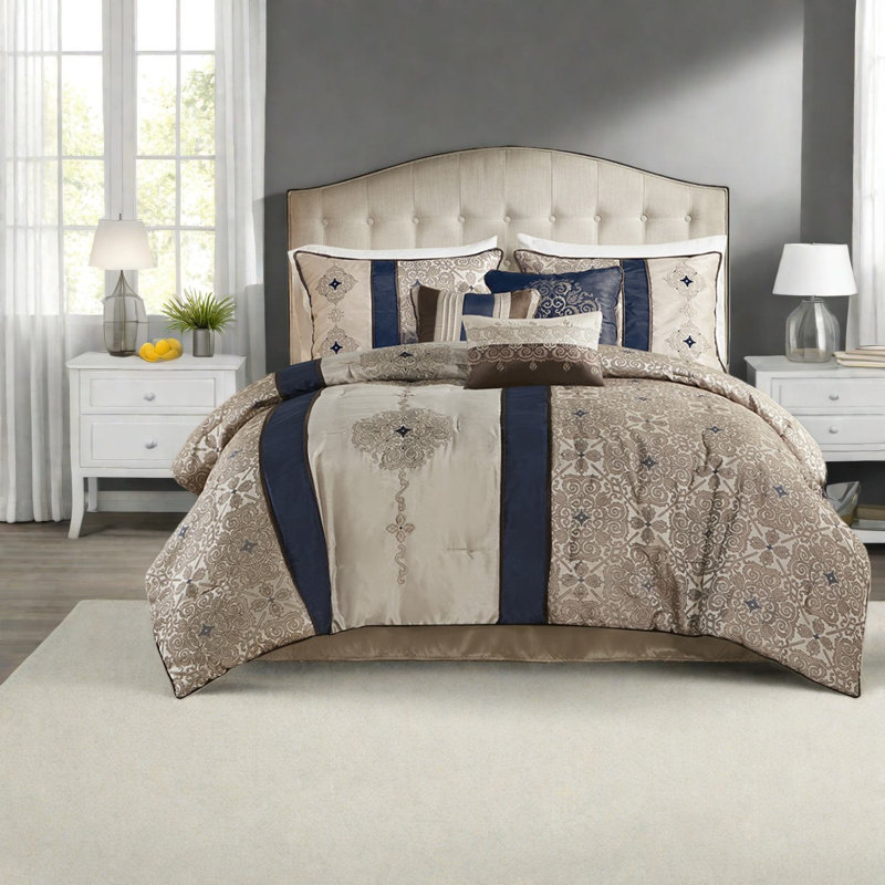 Ensembles de literie en jacquard bleu marine luxueux, édredon en polyester, décoration de chambre élégante