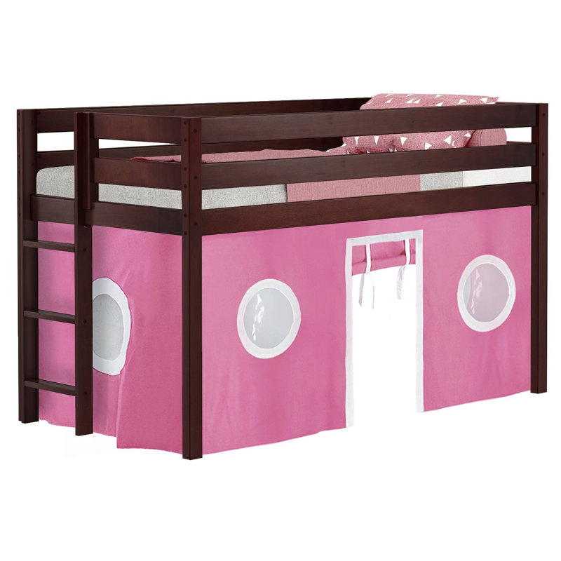 Johannes Solid Wood Twin Low Loft Bed with Ladder and Tent, Pink/White, Cherry