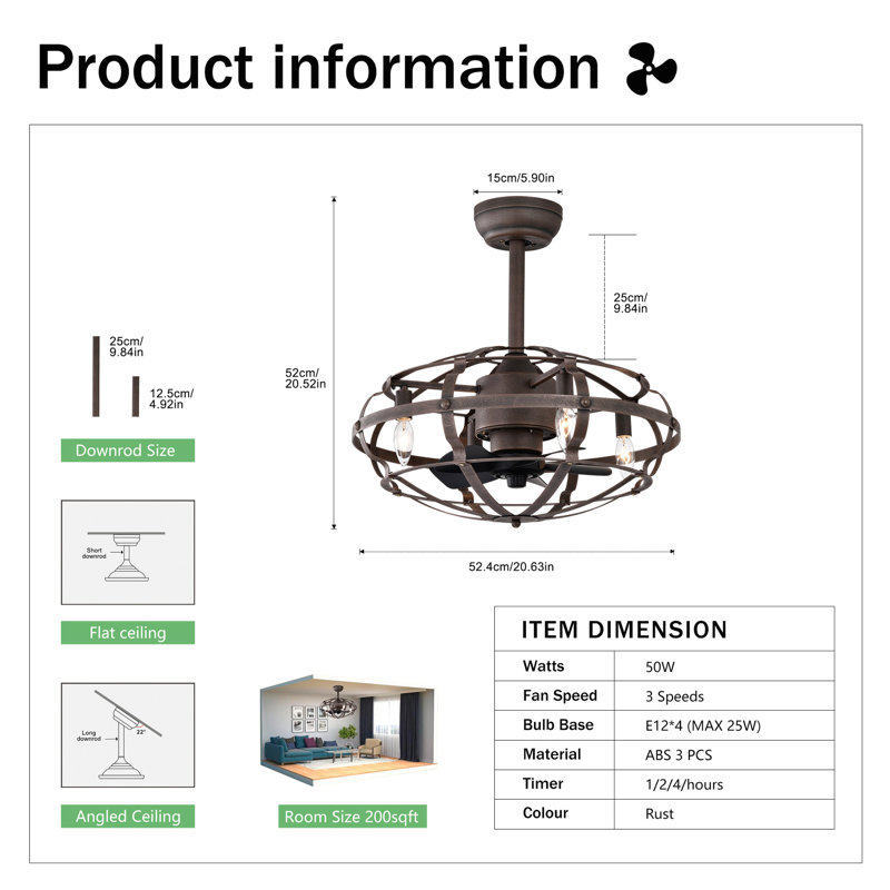 Best bests Ventilateur de plafond intérieur fermé avec télécommande et ensemble de lumière de ventilateur industriel rouge rouille sans pales