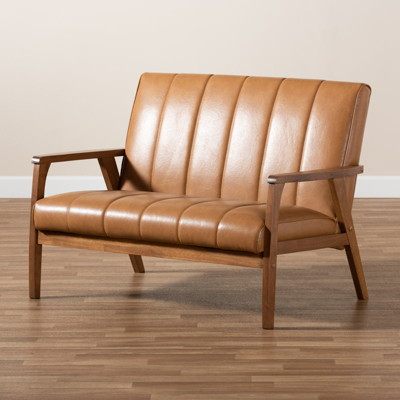 Nikko Mid-Century Modern Tan Faux Leather Loveseat with Walnut Wood