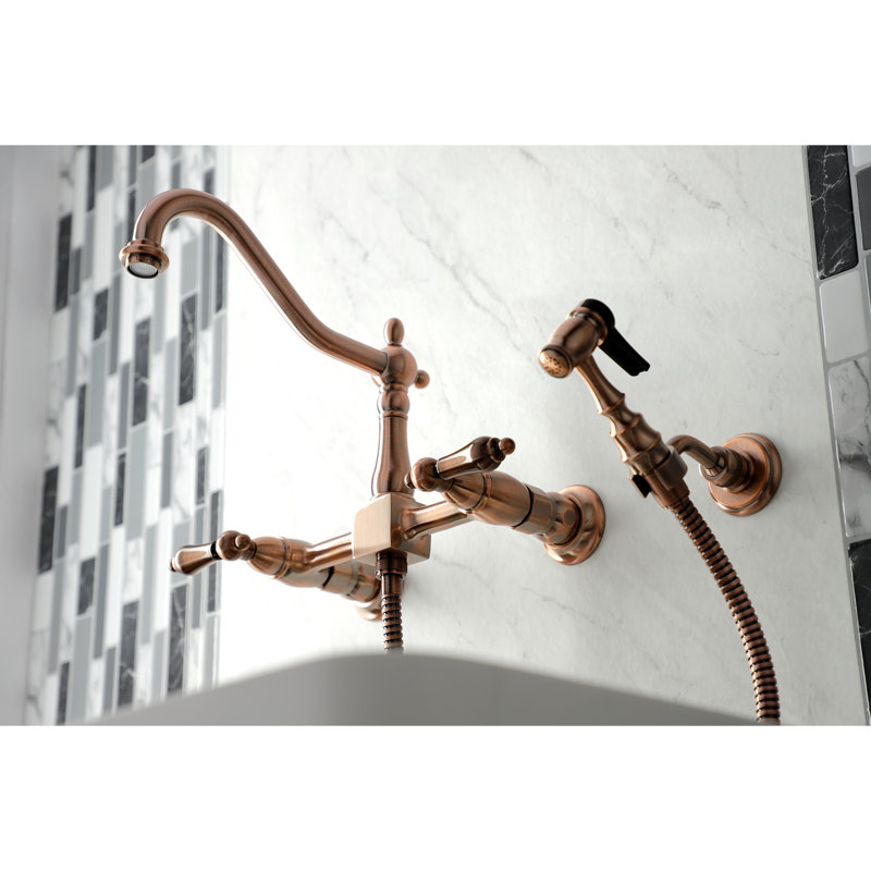 Kingston Brass Heritage Double-Handle Wall-Mount Bridge Kitchen Faucet, With Side Spray, Antique Copper
