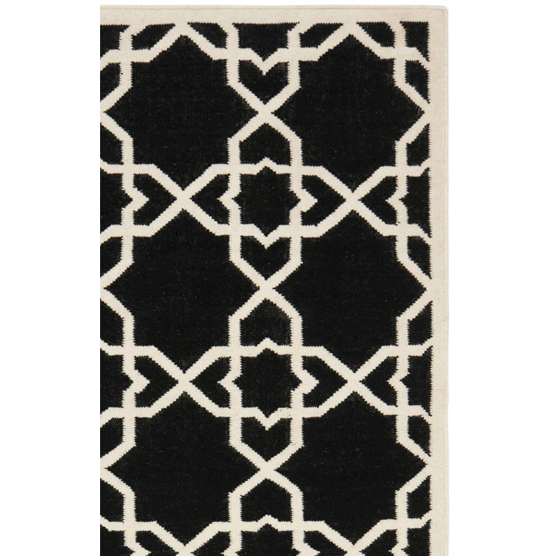 Rodgers Hand Woven Flat Weave Wool/Cotton Geometric Rug in Ivory/Black, Rectangle 9' x 12'