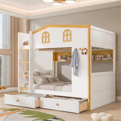 Full Over Full Size Bunk Bed With House-Shaped Guardrails And Storage Shelves And Drawers,White+Natural