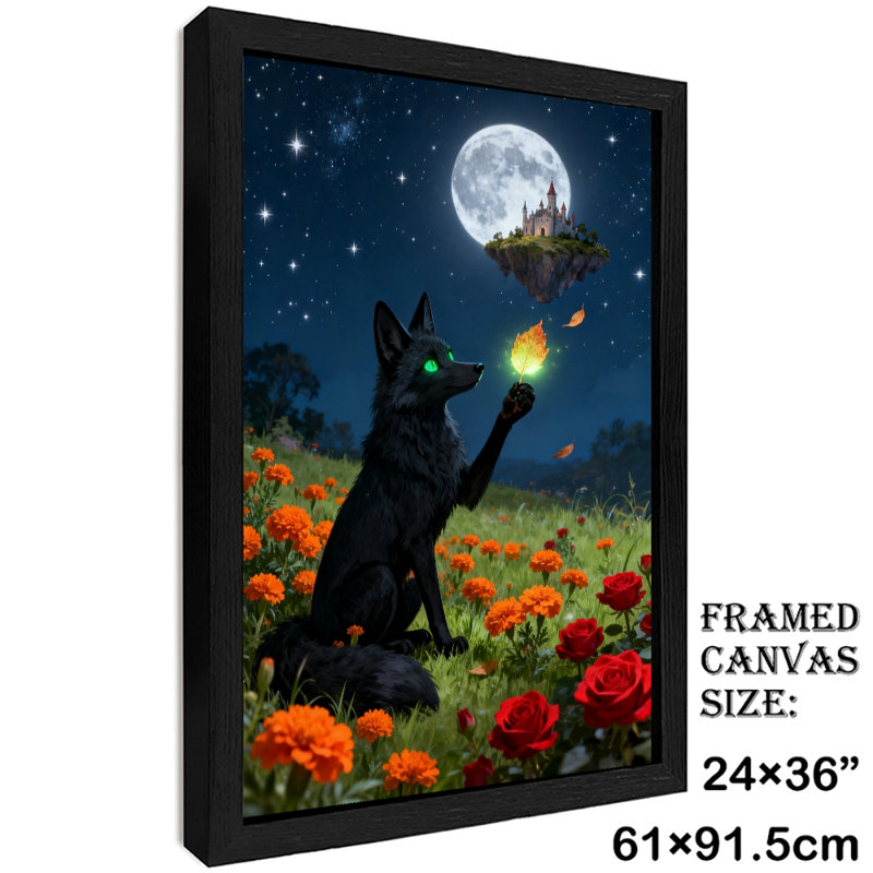 Art encadré noir rétro Un renard noir tenant des feuilles brillantes dans la mer de fleurs au clair de lune, impressions sur toile de style rétro