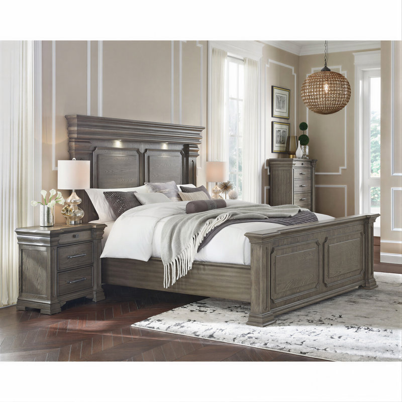 Ensemble de chambre à coucher Giesecke, 5 Pcs: Bed, Dresser, Chest, 2 Nightstands, Gris, Grand lit
