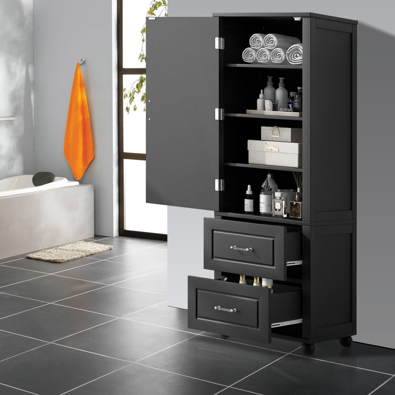 Grande armoire de rangement autoportante pour salle de bain avec 2 tiroirs et tablette réglable, organisateur en MDF peint