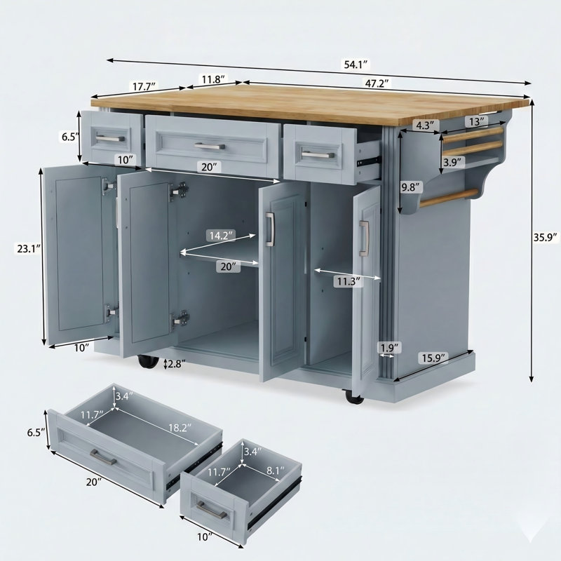 Generous 54-Inch Rolling Kitchen Island with Rubberwood Fold-Down Leaf, Textured Embossed Exterior, Equipped with 4 Casters, 4 Compartment Doors and 3 Drawers – Versatile Storage Unit for Kitchen and Dining Room Use, White Finish