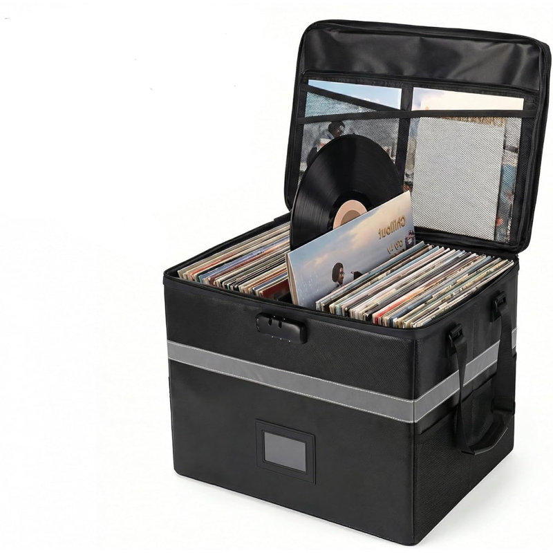 Vinyl Record Storage Box With Lock, Fireproof Water Resistant Record Organizer For 150+ Single Records