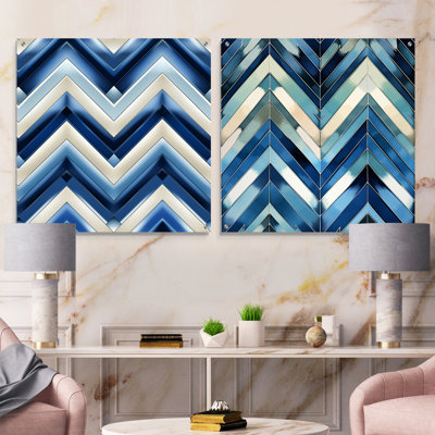 Vintage Cobalt Blue White Chevron Geometric - Abstract Acrylic Wall Art Glass Set Of 2