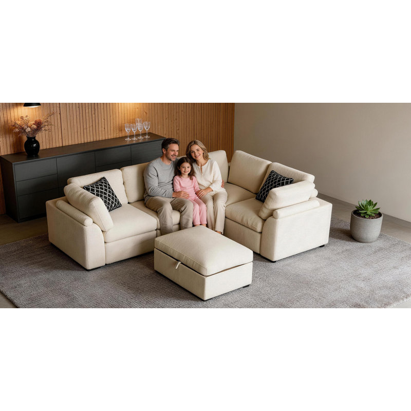 103" 5-Seat Linen L-Shaped Sectional Sleeper Sofa with Storage & Ottoman, 37" H x 103" W x 75" D